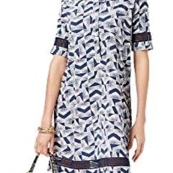 Alfani Blue and White Geometric Pattern A-Line Shift Dress Size 8 - Picture 1 of 15